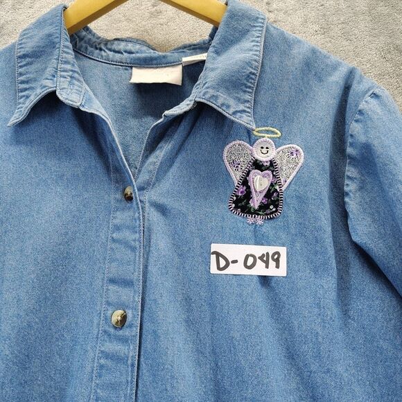 Blair Women Size XL Embroidered Angel Denim Button Down Shirt Top 90s Grannycore - Picture 12 of 12